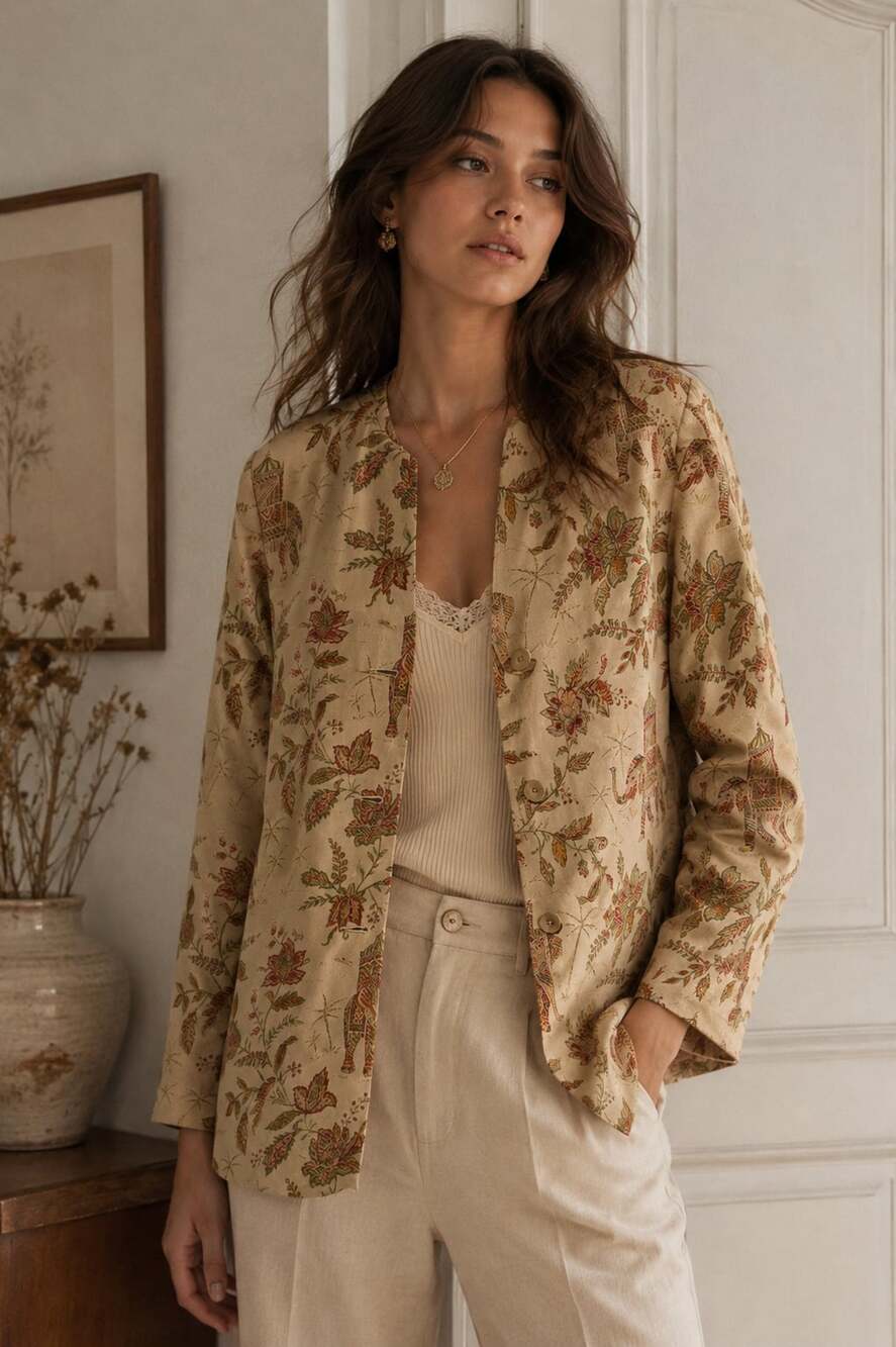 Talbots Pure Silk Elephant Floral Tapestry Jacket Boho Indie Art Wear Size M